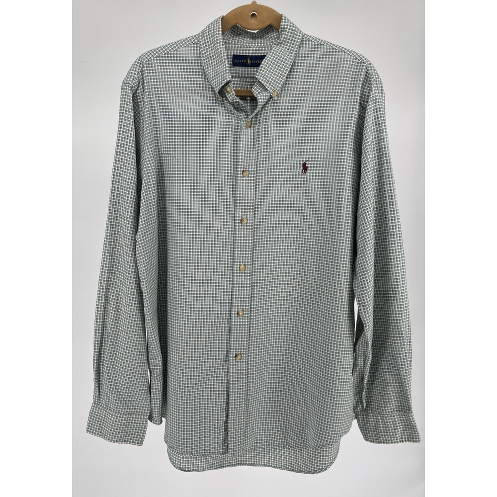 Polo‎ Ralph Lauren Mens Gingham Cotton Long Sleeve Green Button Up Size LG